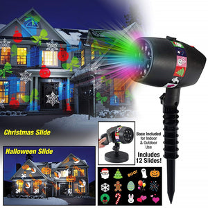 LED Holiday Light Projector - 12 Holiday patterns cards,  Indoor/Outdoor, flat table mount or lawn spike